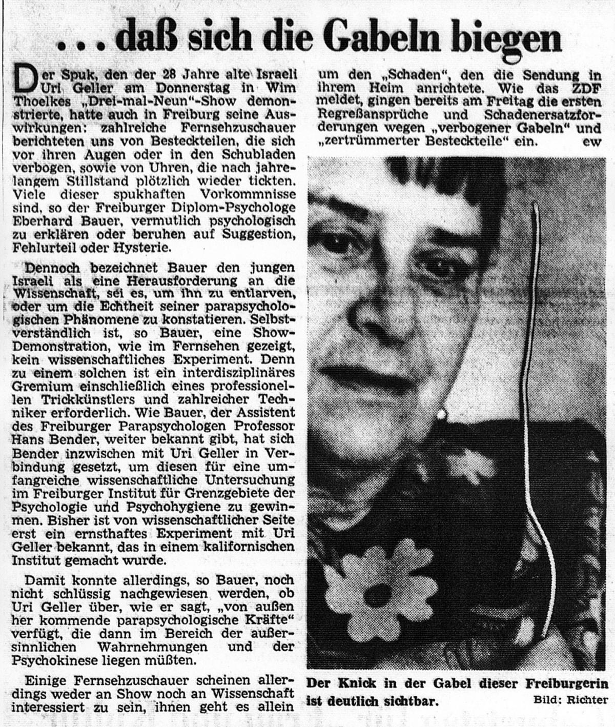 Auswirkungen eines Uri-Geller-Fernsehauftritts (Artikel in der Badischen Zeitung vom 19.1.1974)