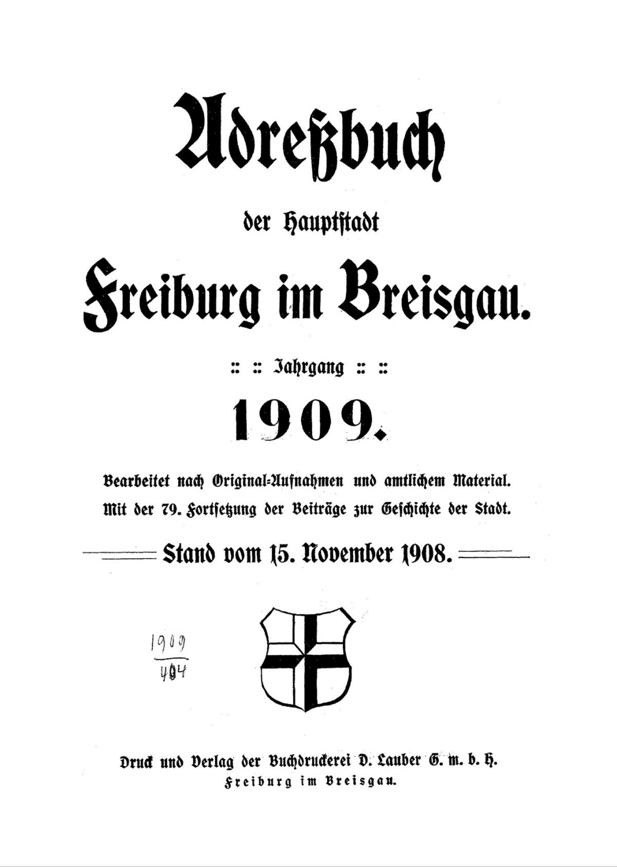 Titelblatt des Freiburger Adressbuchs 1908/09